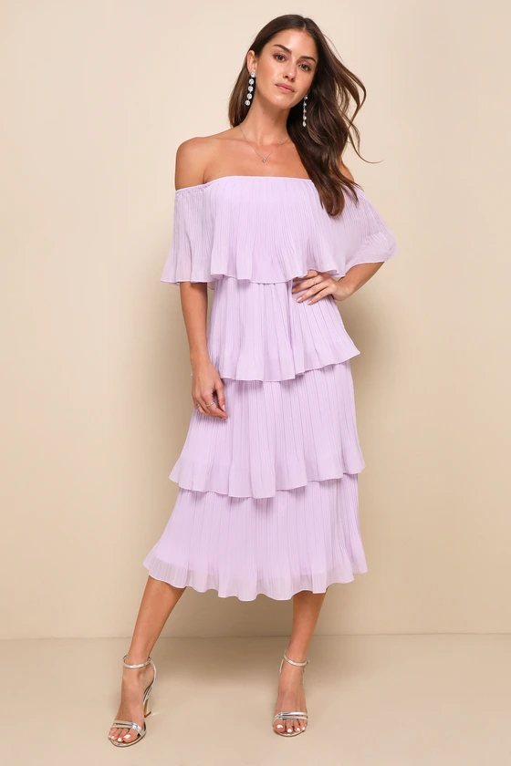 Gala Ready Lavender Off-the-Shoulder Ruffle Midi Dress for Bridal Shower Guests from Lulus