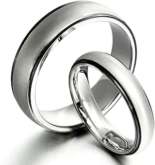 Gemini His and Hers Matching Two-Tone Black and Silver Titanium Wedding Bands, Matte Finish Rings with Free Engraving
