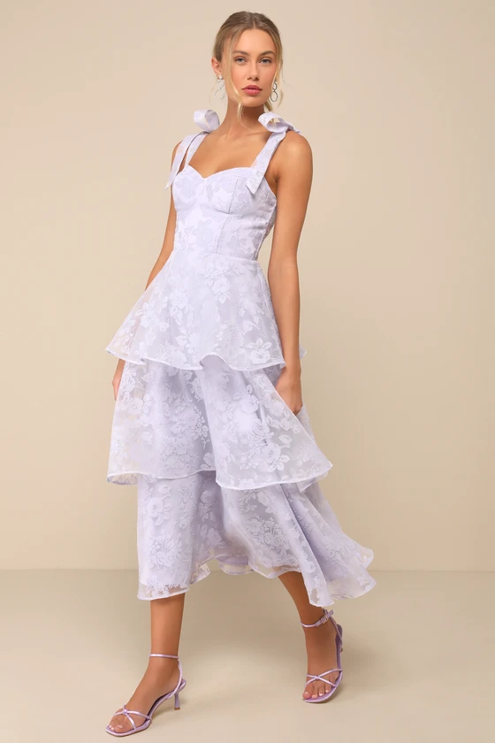Glamorous Sweetie Lavender Burnout Tie Strap Bustier Midi Dress for Bridal Shower Guests from Lulus