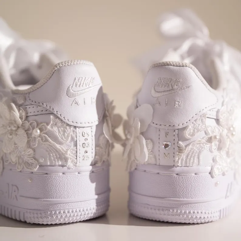 Custom Air Force 1 bridal sneakers with lace embroidery – stylish and comfortable wedding shoes for the bride