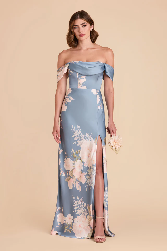 Mia Convertible Bridesmaid Dress in Dusty Blue Romantic Bouquet matte satin with removable sleeves and pleated cowl neck. Rated 4.3 stars from 311 reviews.