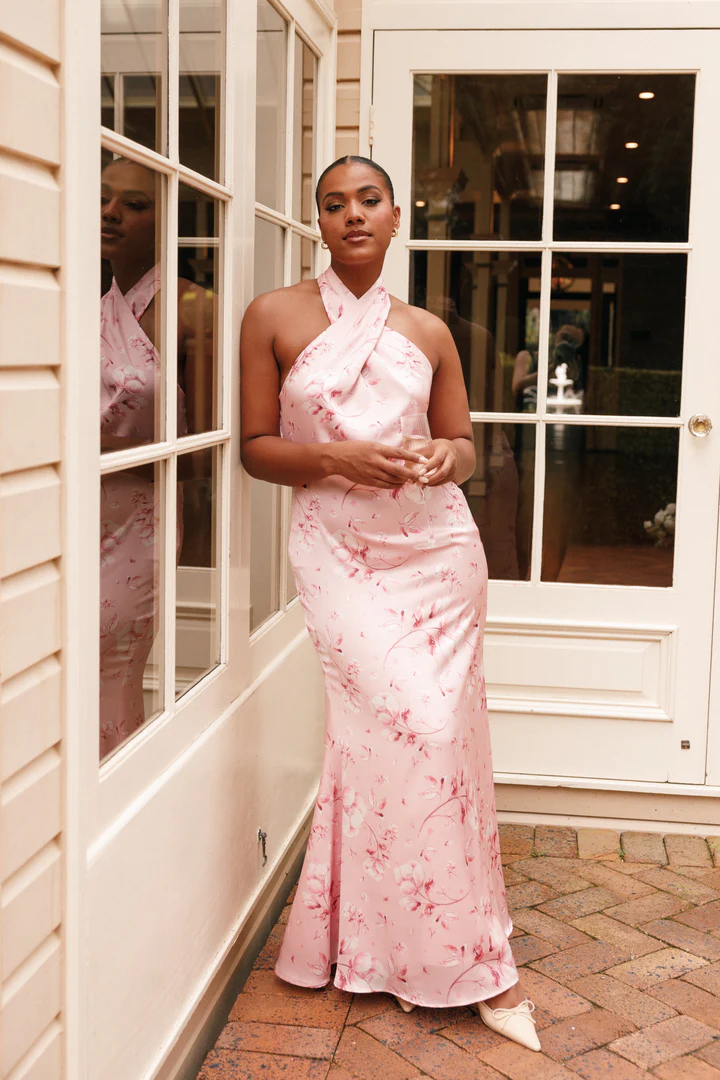 Mila Halterneck Maxi Dress in Pink Floral with button closure and hidden back zip, perfect for weddings, parties, or special events. Rated 4.3 stars from 42 reviews.