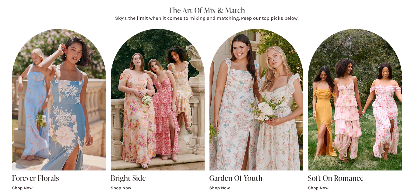 Birdy Grey mix and match floral bridesmaid dress collections including Forever Florals, Bright Side, Garden of Youth, and Soft on Romance.