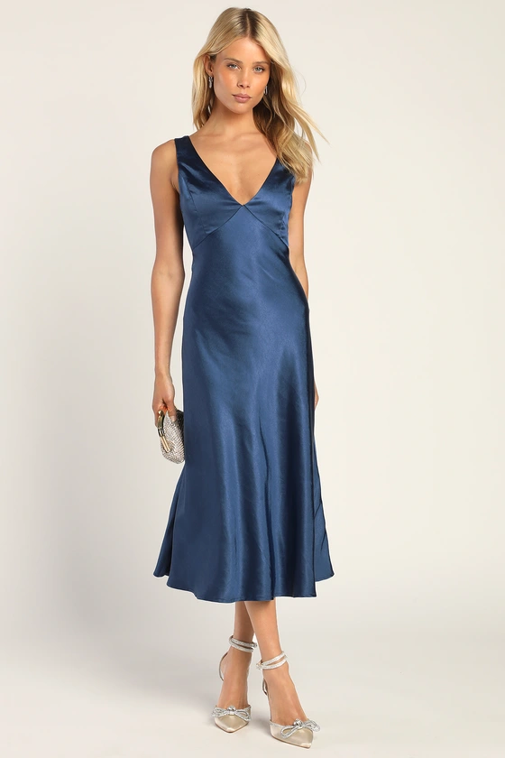 Incredible Love Navy Satin Cowl Back Midi Slip Dress from Lulus – elegant and rewearable bridesmaid dress in navy
