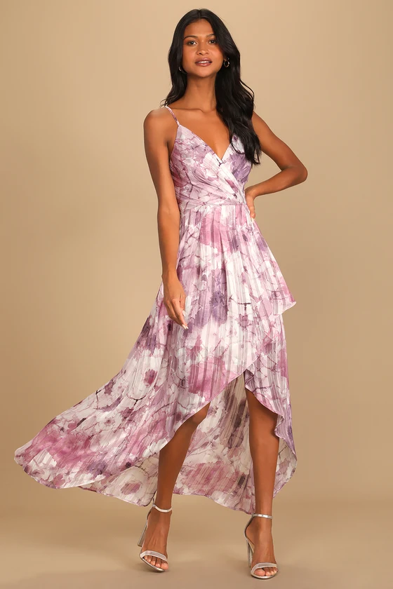 purple floral print midi dress for wedding guest to wear in summer