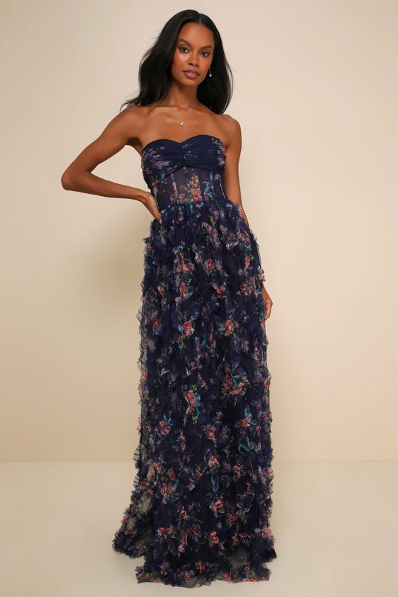 navy blue floral wedding guest dress
