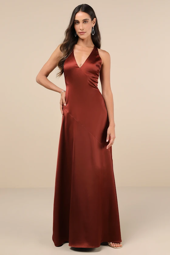 Purely Elegant Rust Brown Satin Twist-Back Maxi Dress from Lulus – modern bridesmaid dress you can wear again