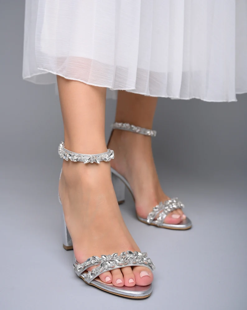 Silver metallic bridal heels with lace embroidery