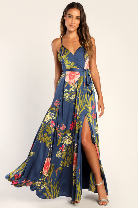 Still the One Blue Floral Print Satin Maxi Dress from Lulus, perfect for evening events or summer weddings, rated 4.5 stars.