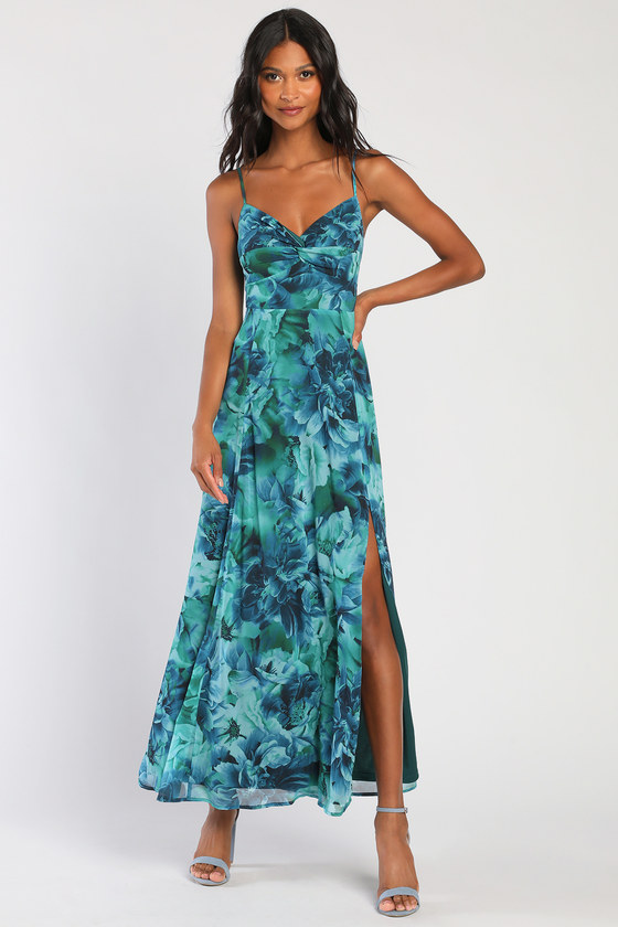 Beautiful Soul Teal Green Floral Print Twist-Front Maxi Dress from Lulus – floral boho bridesmaid dress with rewearable style