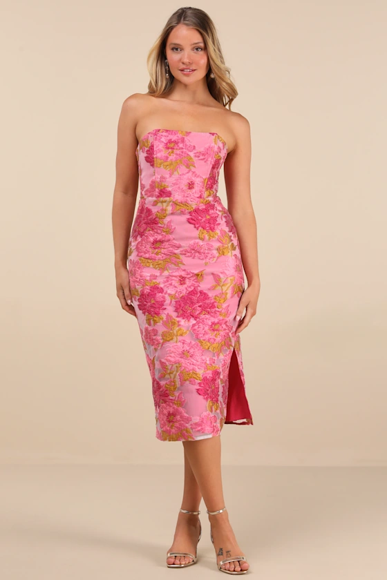 wedding guest dress in pink jacquard