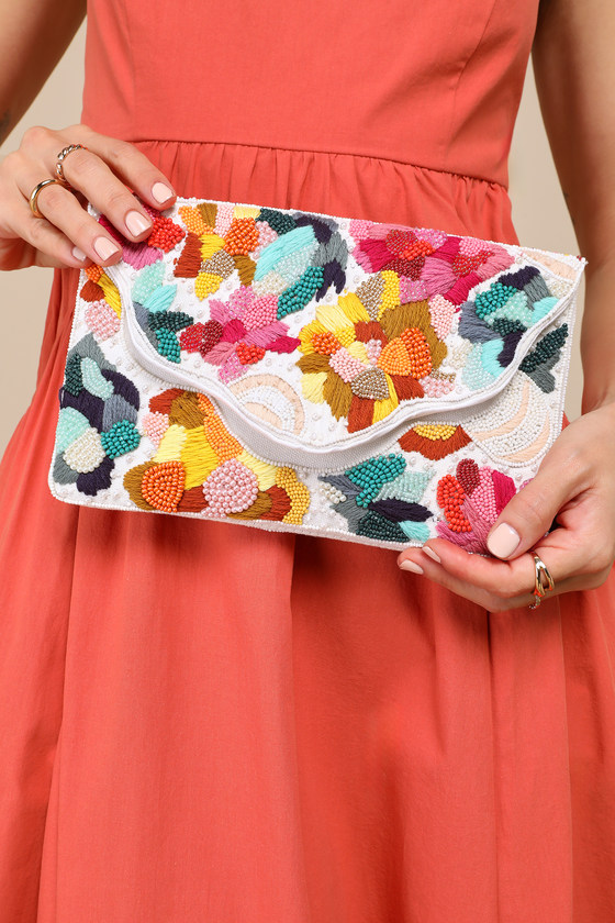 Vibrant Charm White Multi Beaded Embroidered Clutch for Bridal Shower Guests from Lulus