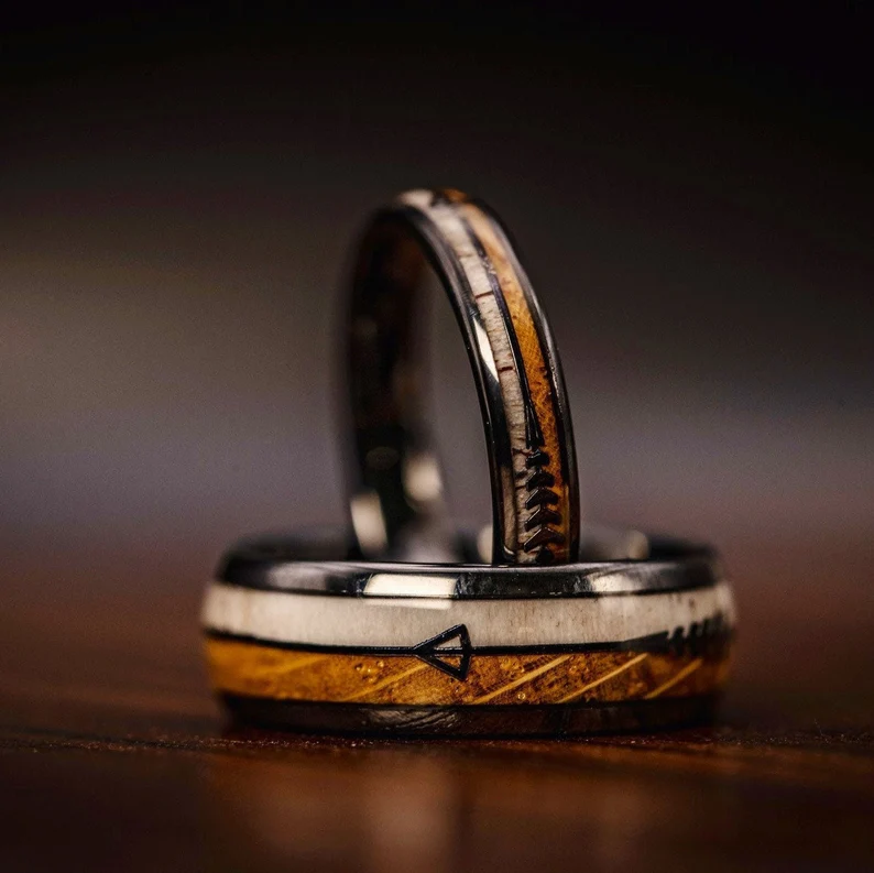 Couples deer antler and whiskey barrel ring set
