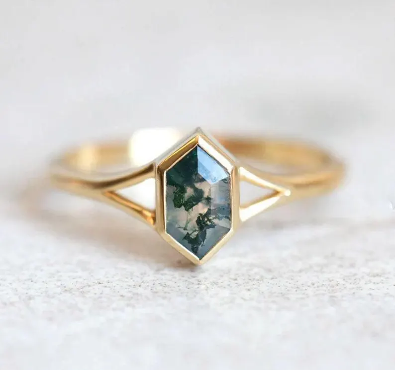 hexagon moss agate engagement ring in gold setting