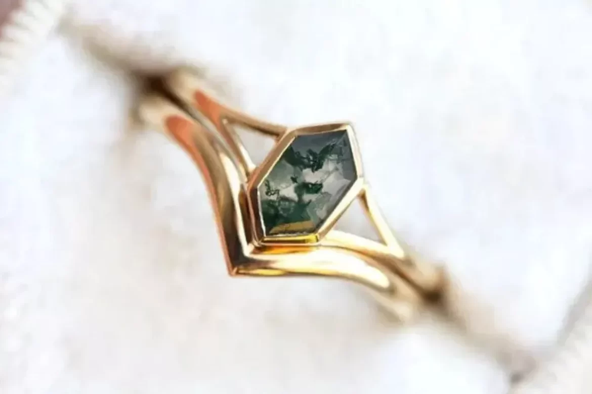 moss agate engagement ring with natural green inclusions