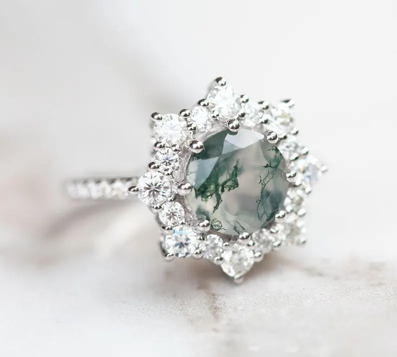 moss agate engagement ring compared to moissanite ring
