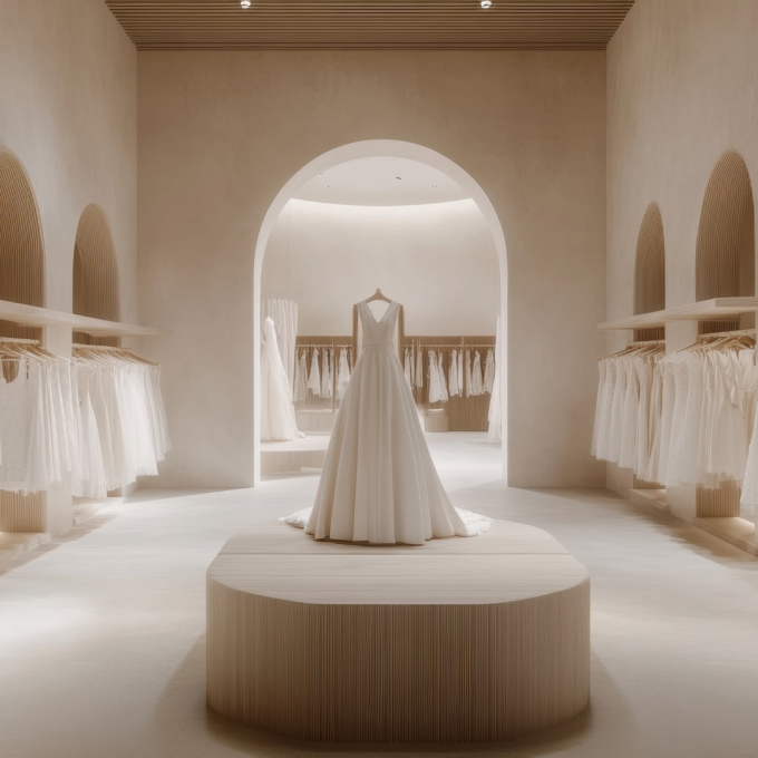 A luxurious bridal studio with wedding dresses on mannequins