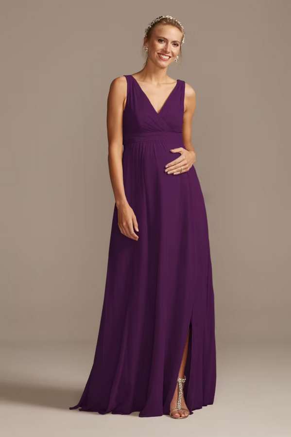 David's Bridal pleated tank chiffon maternity bridesmaid dress in plum