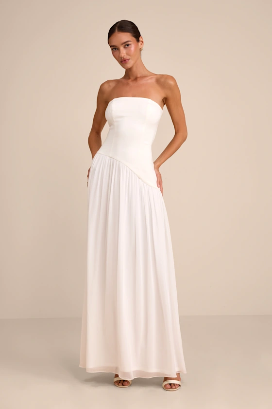 strapless white maxi reception dress with drop waist