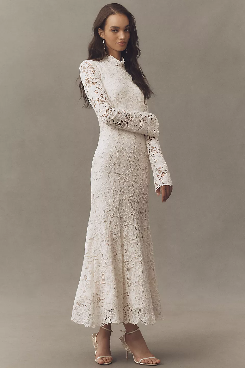 lace long sleeve maxi reception dress with mock neck