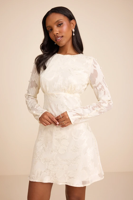 ivory jacquard mini reception dress with long sleeves