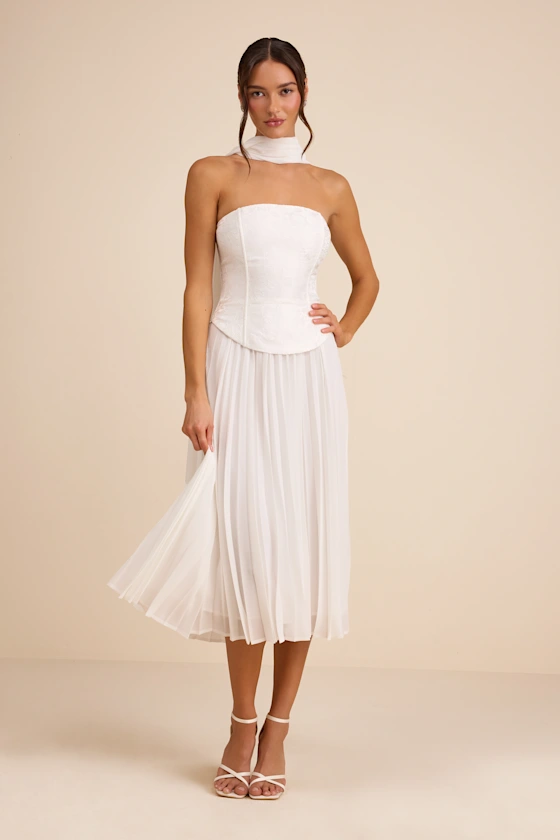 strapless midi reception dress with scarf
