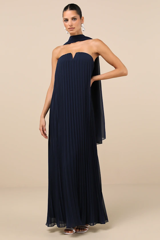 Navy Pleated Strapless Maxi with Scarf