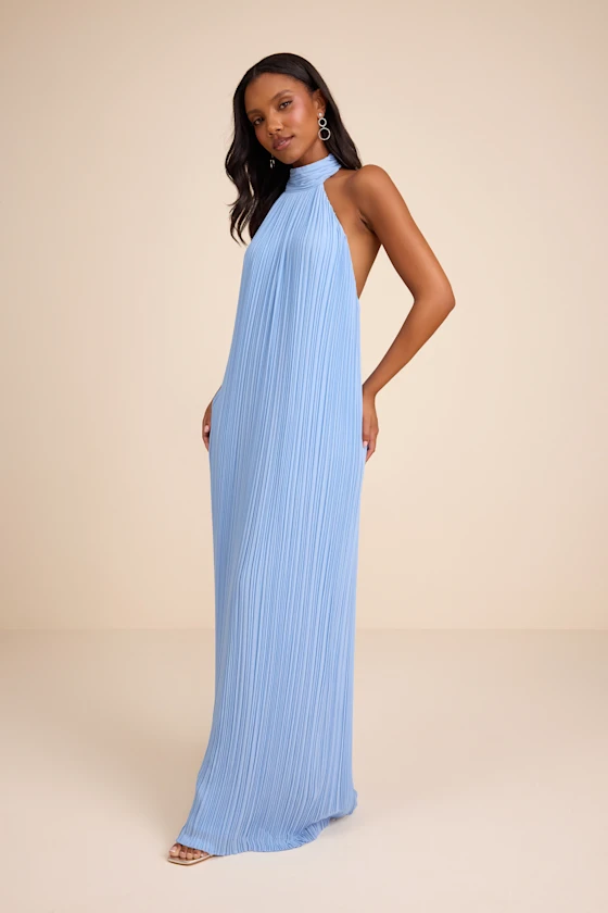 bridesmaid wearing light blue pleated maxi dress that is affordable yet looks luxury