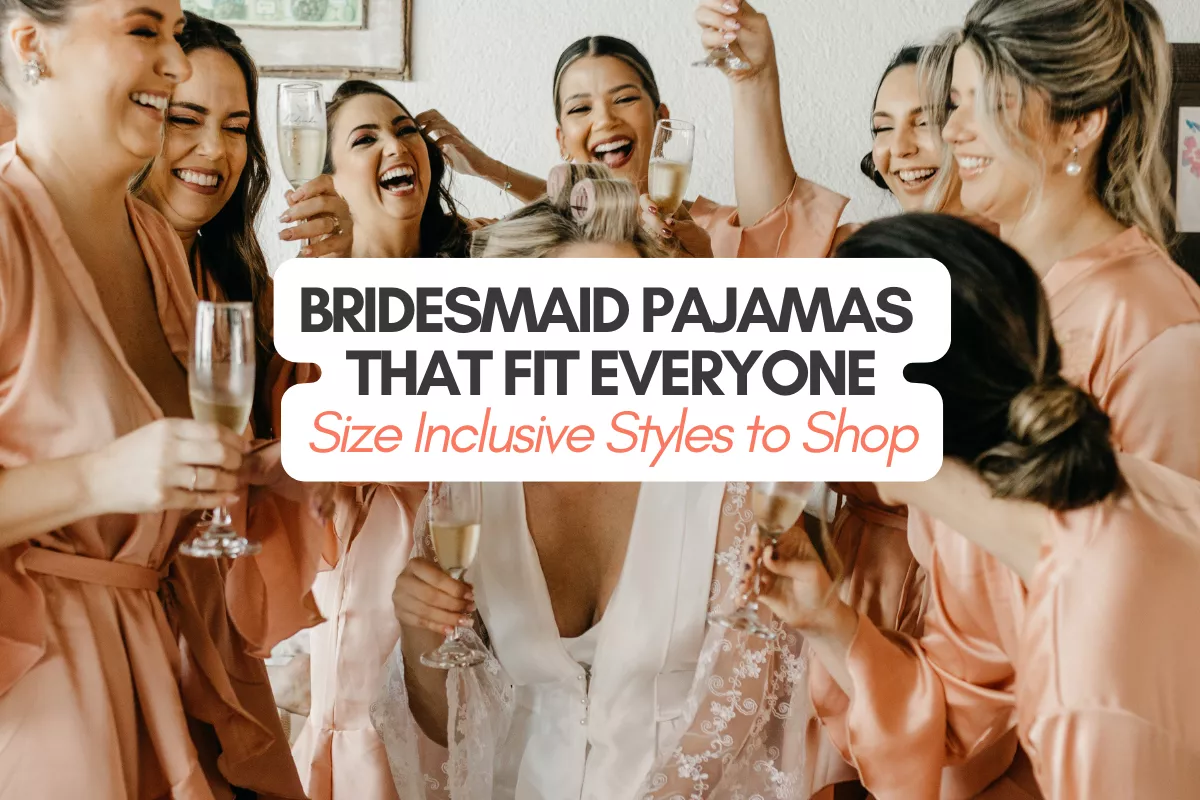 Bridesmaids wearing matching pajamas in a range of sizes