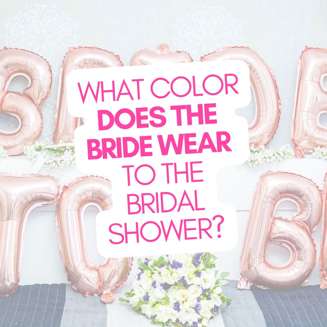 Bride wearing a white dress at her bridal shower with decorations in the background