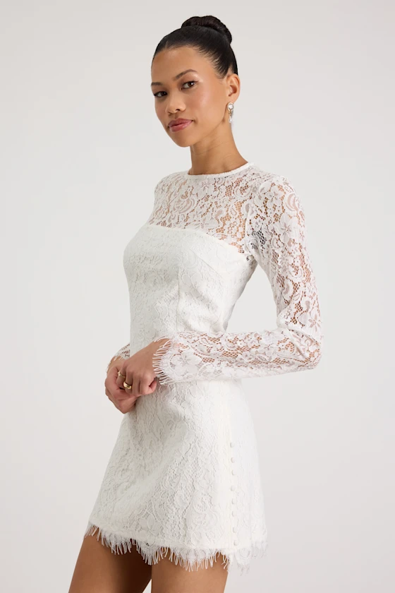 white lace long sleeve mini reception dress