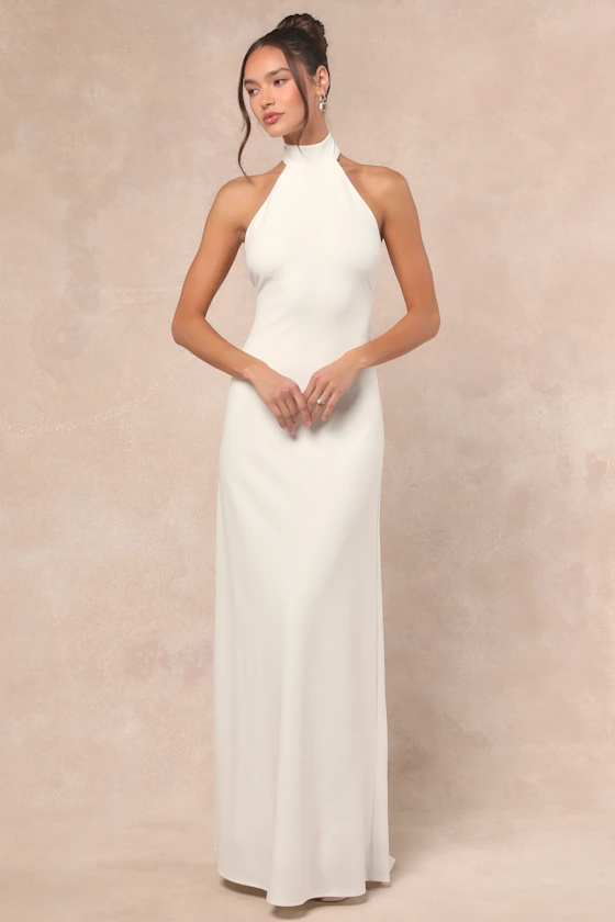 white satin halter maxi dress for reception