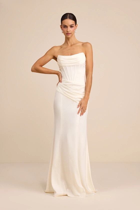 white satin maxi reception dress for bride