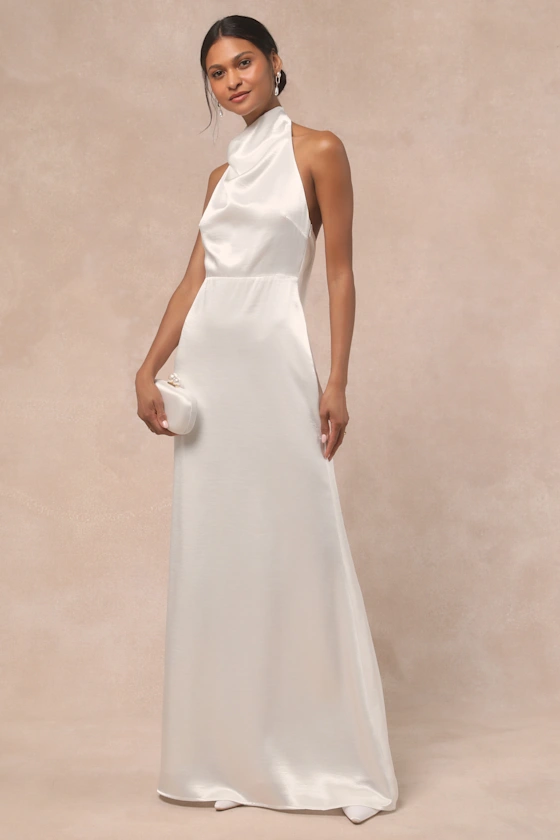 white satin maxi dress for wedding reception