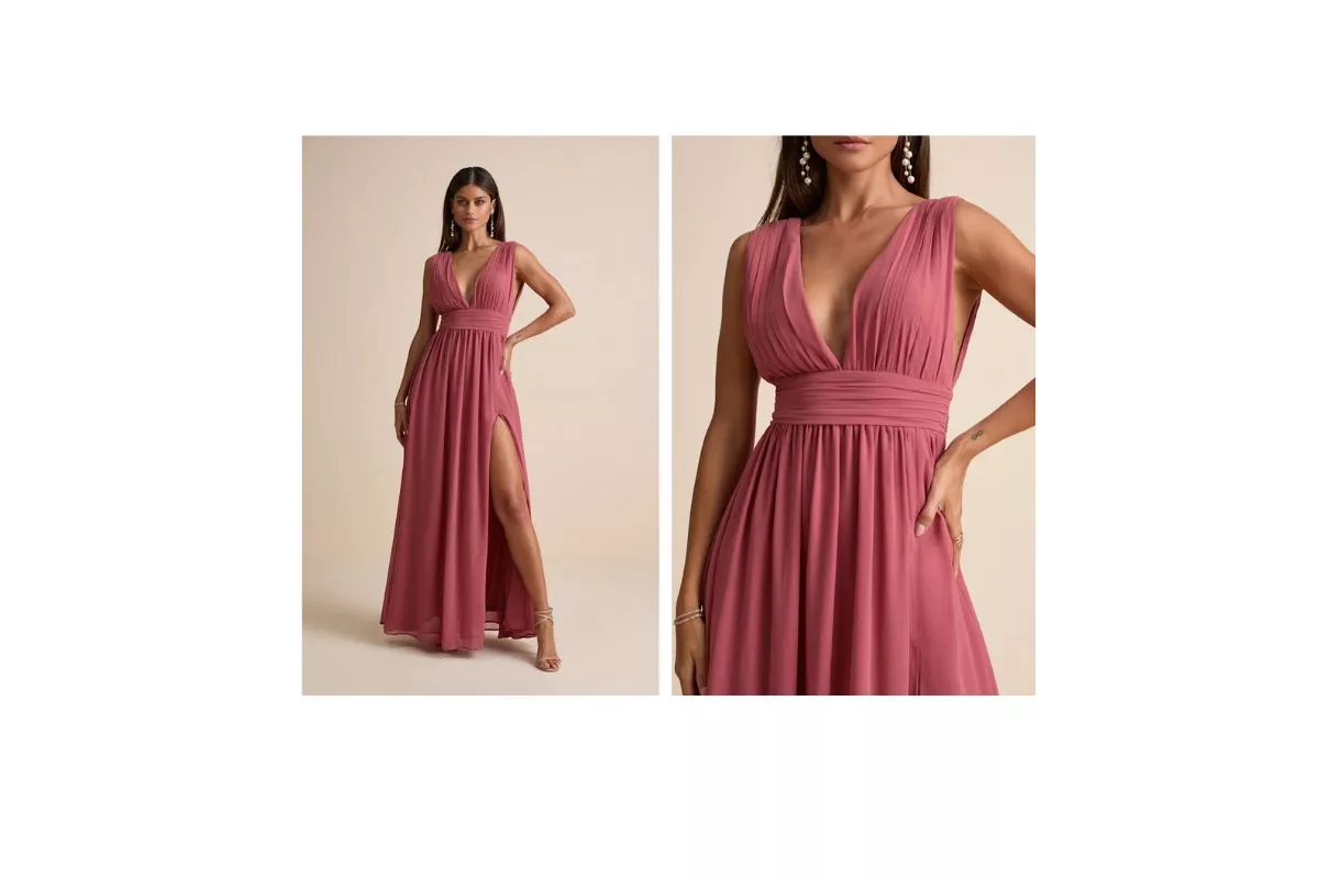 bridesmaid wearing desert rose universally flattering bridesmaid dress