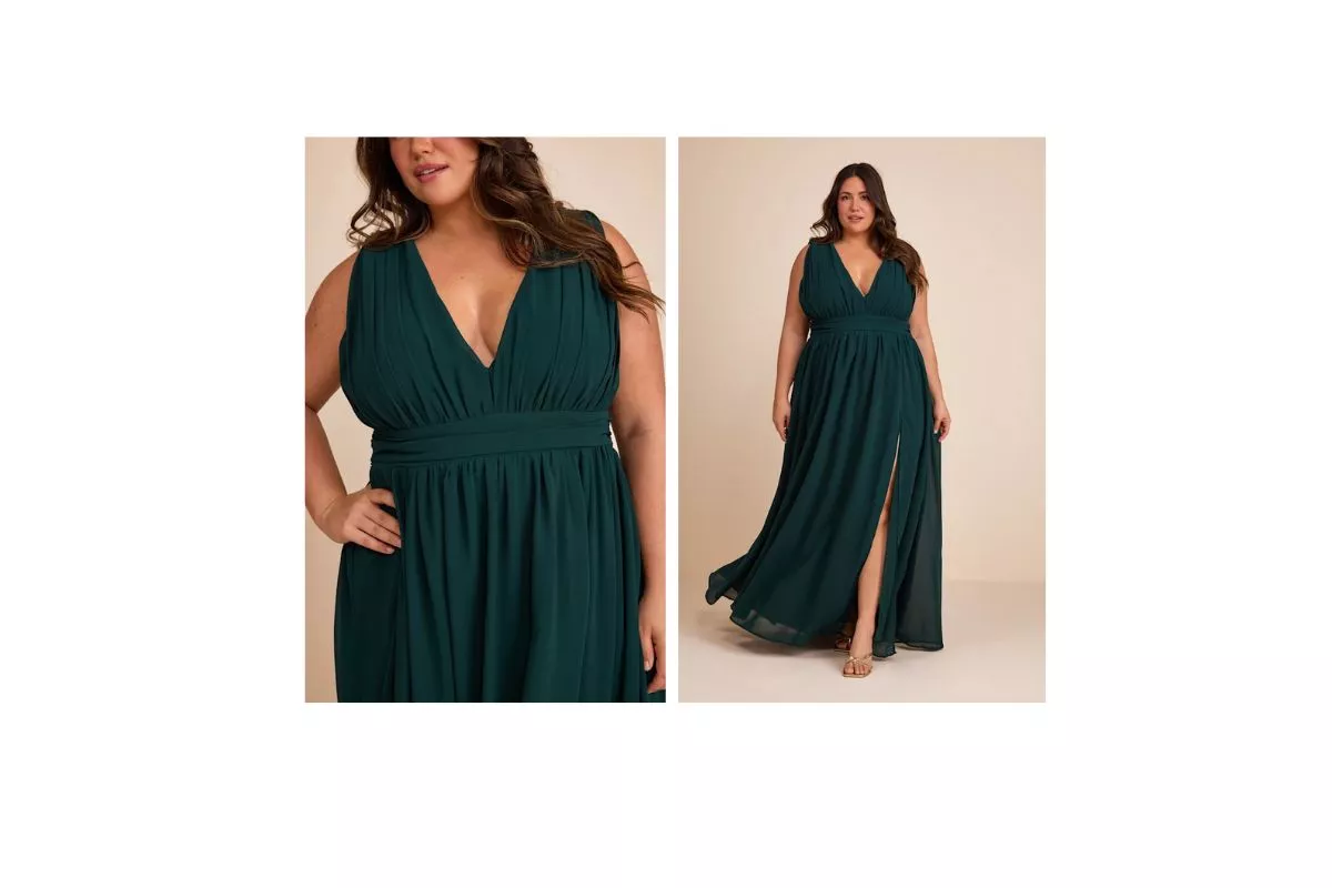 close-up of chiffon bridesmaid dress showing flattering fit and flowy fabric for all body types