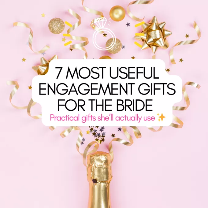 Flat lay of useful engagement gifts for the bride, including a champagne bottle, gift wrap, confetti, planner on a pink background.