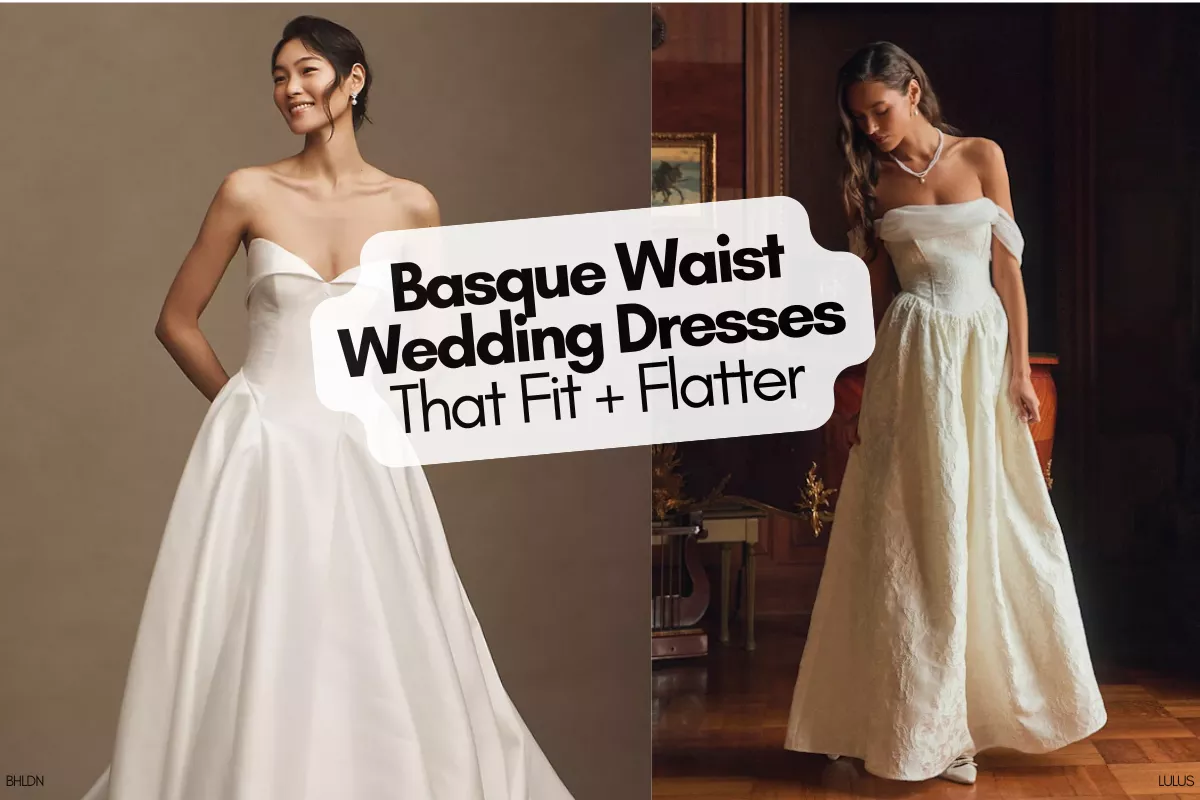 Bride wearing a stunning basque waist wedding dress for modern wedding