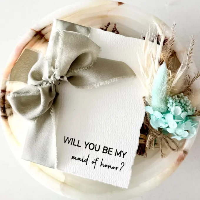 Be my bridesmaid card with ribbon on the side