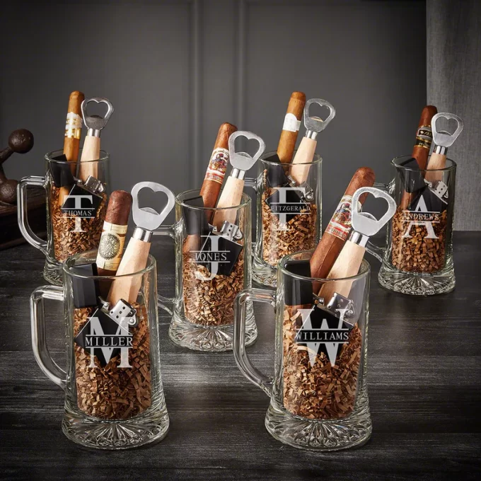 Beer mugs for groomsmen with cigar inside