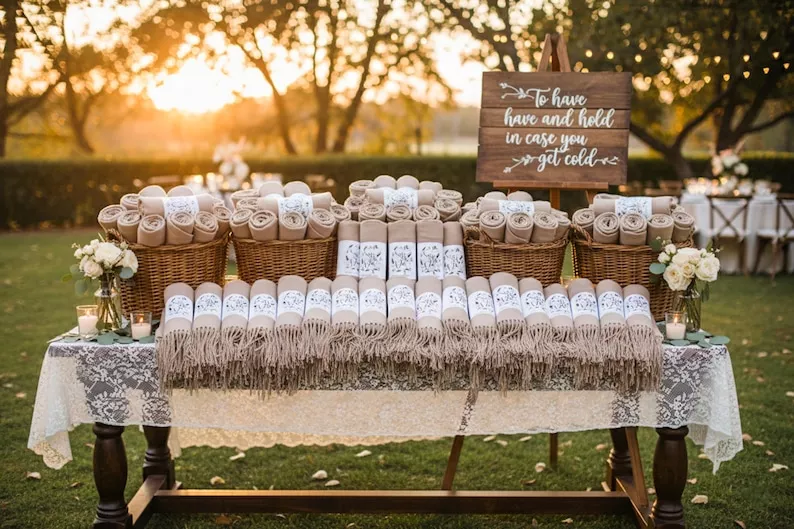 wedding blankets for guests as budget-friendly bulk wedding favors