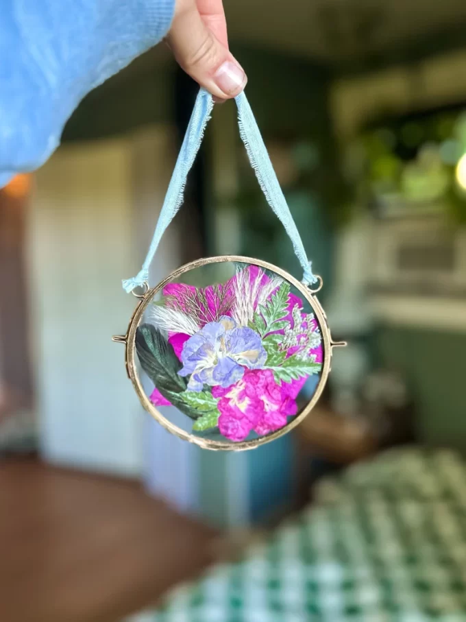 Pressed flower petals in a custom ornament
