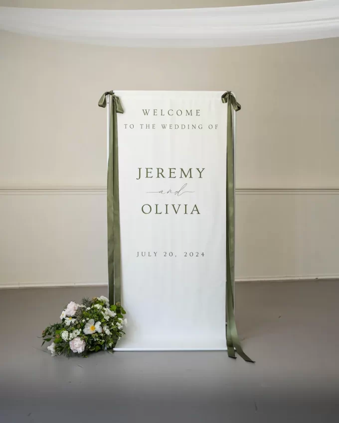 fabric wedding sign customized with green ribbons