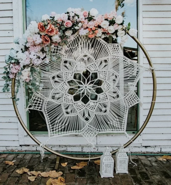 macrame backdrop for bohemian wedding ceremony decor