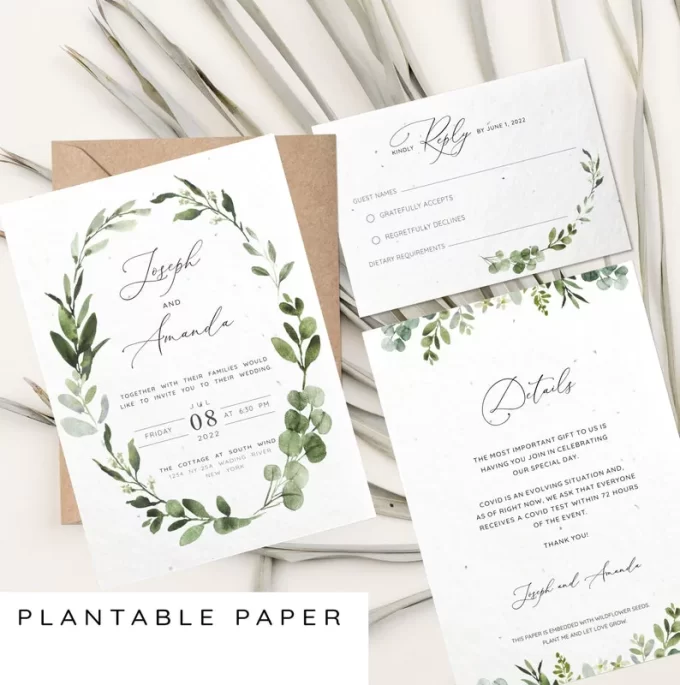 Boho eucalyptus style wedding invitation that is plantable made of seed paper