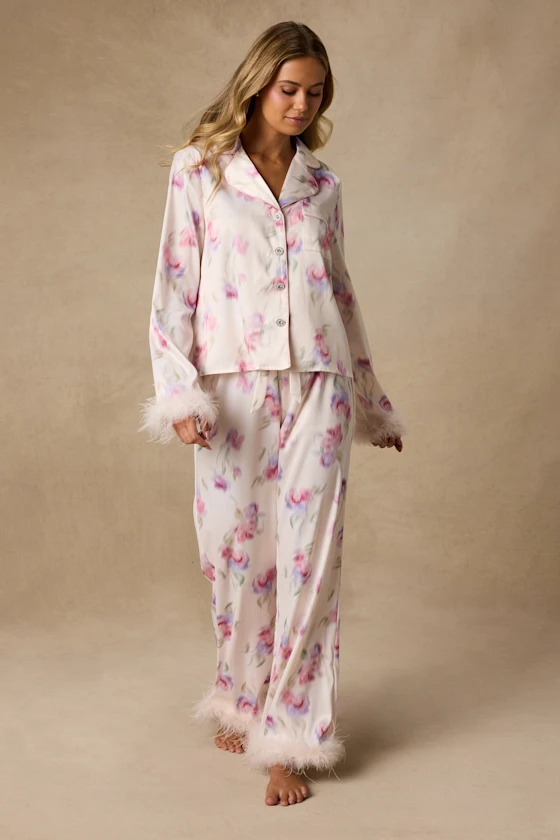 luxury feather bridal pajamas bride getting ready outfit