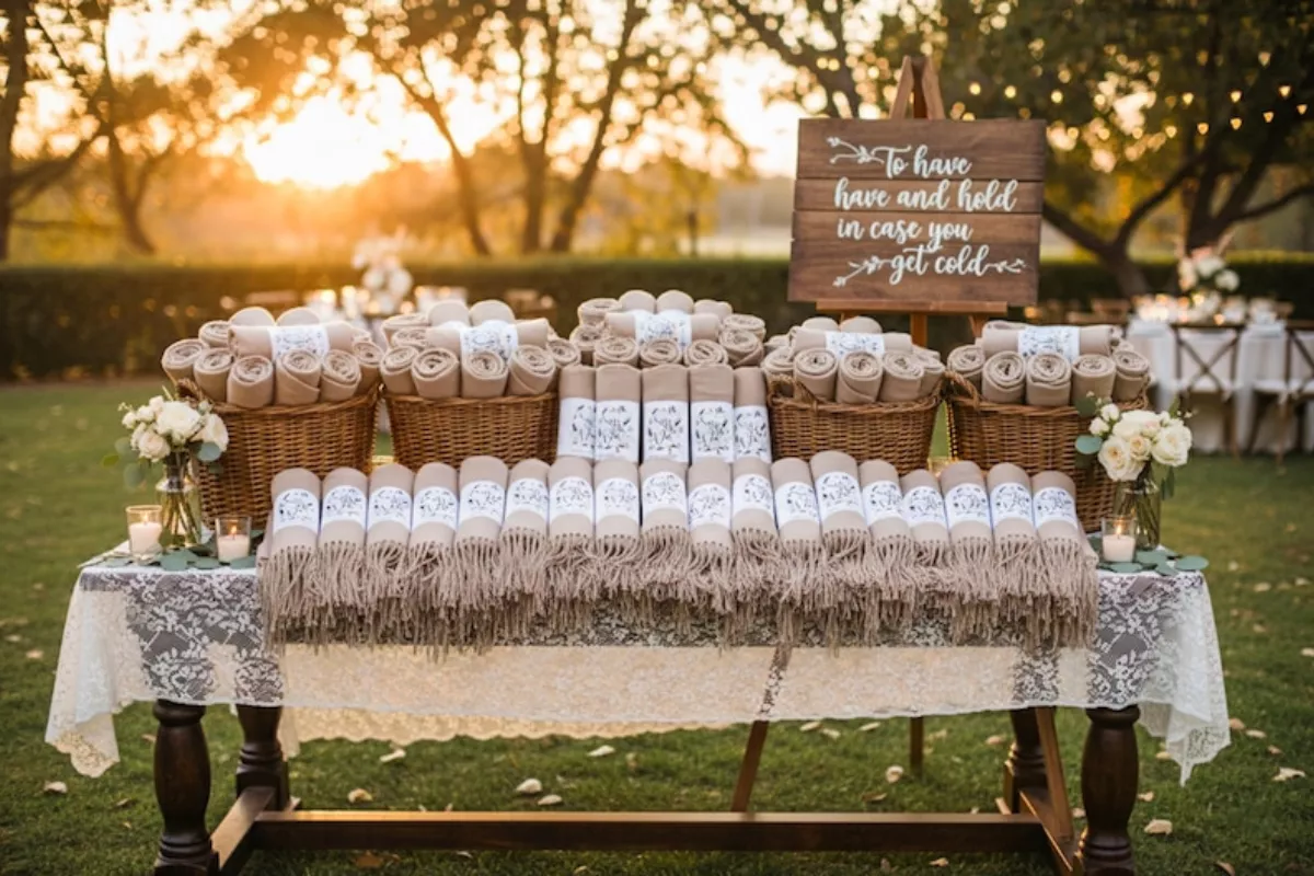 Flat lay of 50 affordable wedding favors in bulk, colorful and elegant