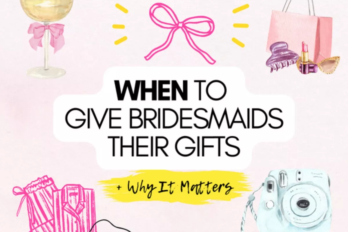 Bride giving bridesmaid gifts with bridal party smiling, showing best timing for gifts before the wedding