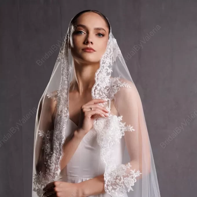 Beaded lace mantilla veil on bride