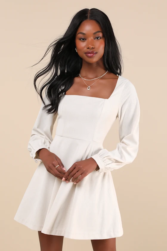 Beige corduroy long sleeve mini dress with pockets